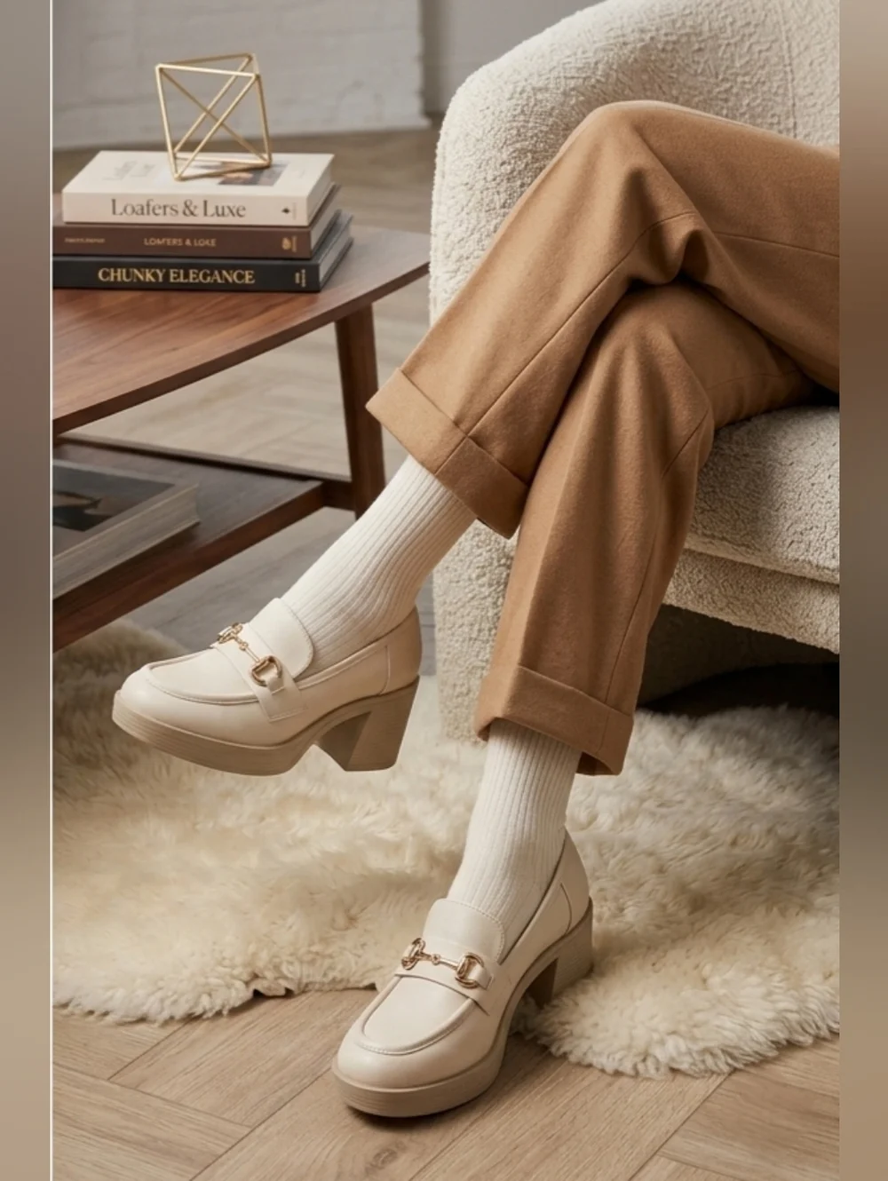 Steve Madden Cream Platform Loafer Heels with Gold Bit